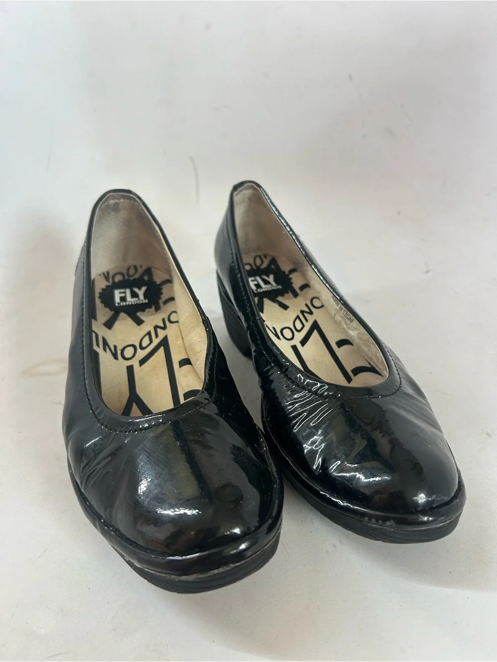 FLY London Yoni Wedge Pump  Black Patent Leather Slip in Size 38 US 7.5-8